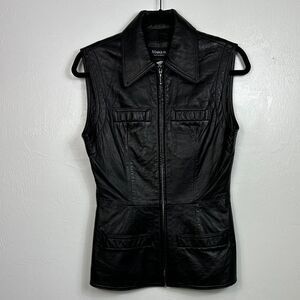 Marquis Vintage Black Leather Sleeveless Jacket Vest With Pockets Size 8